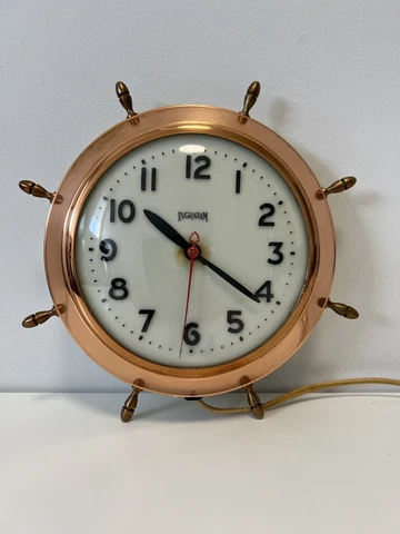 Copper Wall Clock Ship wheel spokes electric Ingraham vintage nautical READ DESC Cover