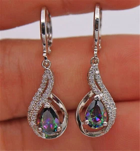 Ladies Silver Crystal Rainbow Water Zircon Stone Drop Long Dangle Party Earrings - Picture 1 of 2