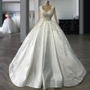 Classic Pearls A-line Wedding Dresses Long Sleeves Vestido De Novia Customized - Picture 1 of 4