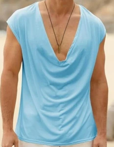 PASLTER Men's Tank Tops Sleeveless T Shirts Deep V Neck Loose Summer Beach Sz. L - Picture 1 of 4