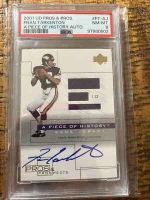 Vikings Fran Tarkenton HOF Legend Autographed Triple Jersey Card, PSA 8! - Image 1 of 2