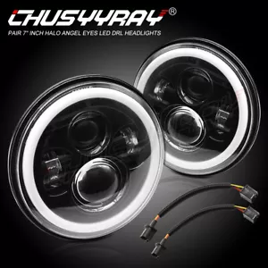 1 PAIR 7" LED BLACK HALO HEADLIGHTS E MARKED RHD 110 90 FOR LAND ROVER DEFENDER - Picture 1 of 11