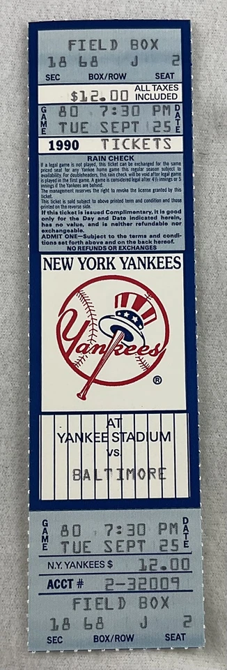 MLB 1990 09/25 Baltimore Orioles at NY Yankees FULL Ticket-Kevin Maas HR - Image 1 of 1