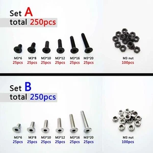 250pcs Assortment Kit M3 Flat Countersunk Head Hex Socket Cap Screw Bolt Nut - Foto 1 di 9