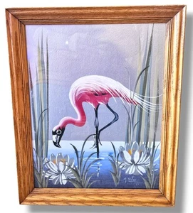Vintage M. Devoe Original Rosa Flamingo Silber Brett Gemälde Signiert Gerahmt MCM - Bild 1 von 7
