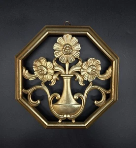 Syroco Gold Tone Octagonal With Vase Of Flowers Wall Decor B-4368 MCM - Picture 1 of 4