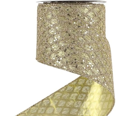 4” Wide CHAMPAGNE GOLD Glitter Mesh Diamond Web Wired Edge Ribbon 10 Yards New - Image 1 of 4