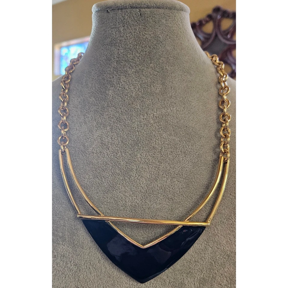 Signed Monet Goldtone Blue Enamel Statement Necklace 18" Vintage Costume Jewelry Foto 1 de 1