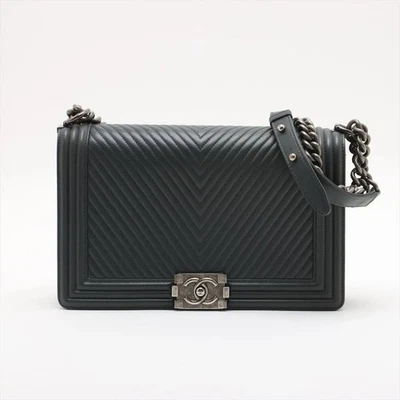 Bolsa de ombro Chanel BOY CHANEL 28 grande corrente pele de cordeiro Chevron cinza ajuste Gunmetal - Imagem 1 de 4
