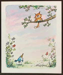 Nick Lyons. cartone animato inchiostro e acquerello. Gatto che aspetta un uccellino su un albero! - Foto 1 di 3