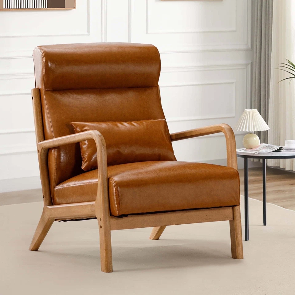 Accent Chair Mid Century Modern Arm Chair, PU Leather Reading Armchair for Bedro - Image 1 of 4