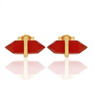 Red Onyx Gemstone 925 Silver Gold Plated Pencil Design Stud Earrings Jewelry - Picture 1 of 6