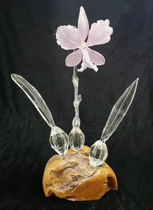 Blown Art Glass Iris Sculpture On Driftwood Base- Artisan Handmade - Picture 1 of 10
