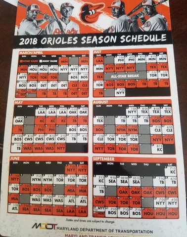 2018 baltimore orioles magnetic schedule sga promo promotion giveaway camden Cover