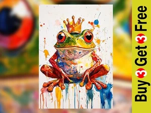 Colorful Frog King 5"x7" Print on Matte Paper | Playful Watercolor Animal Art - Picture 1 of 18