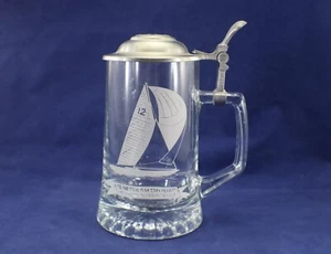 ALWE Glass Beer Stein Pewter Lid RACING SLOOP Sailboat Americas Cup Etched Vtg - Picture 1 of 12