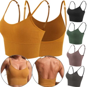 Women Basic Casual Bra Stretch Crop Cami Top Low Back Shirt Ribbed Pad Underwear - Picture 1 of 20