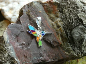 Hummingbird Sterling Silver 925 Multi Gem Stone & Opal Colorful Pendant NEW T18 - Picture 1 of 6