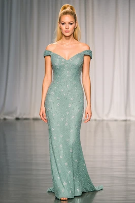 Aidan Mattox Off Shoulder Beaded Gown sz 6 Runway Aqua $550 Sample Sale Prom - Image 1 of 4