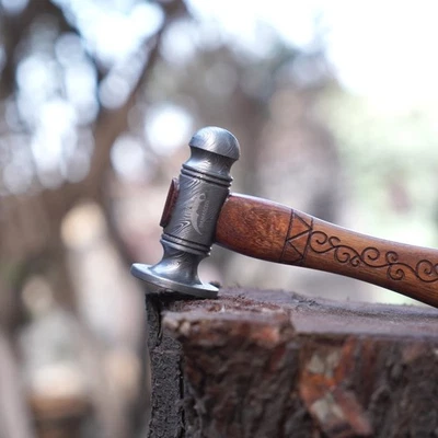 Custom Handmade Damascus Steel Ball Peen Hammer with Engraved Wooden Handle - Image 1 of 4