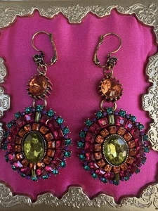 Betsey Johnson Vintage St. Barts LARGE Jeweled Teal Fuchsia Statement Earrings - Picture 1 of 3