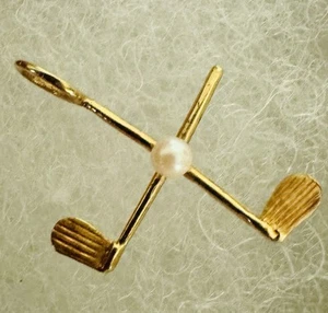 14K Gelbgold Golfschläger & Perle Kugel Anhänger Charm - süß! - Bild 1 von 9