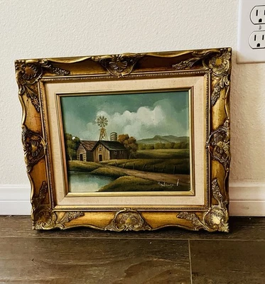 Pintura al óleo vintage sobre lienzo paisaje terrestre en marco dorado de madera firmada por Indi Foto 1 de 4