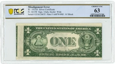 FR #1613W $1 1935D Silver Certificate Error Ch UNC 63 PCGS 950615-1 - Image 1 of 3