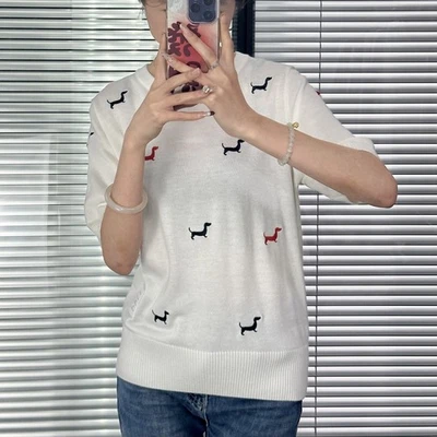 Thom Browne Mujer Verano Nuevo Bordado Tejido Manga Corta Camiseta Lana Top Foto 1 de 4