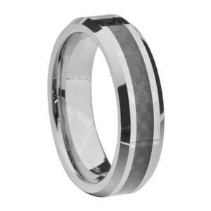6mm Tungsten Carbide Jewelry Black Carbon Fiber Men Wedding Band Ring Beveled - Picture 1 of 11
