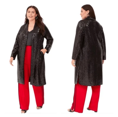 Lane Bryant black sequin long duster open front kimono womens 24 long sleeve NEW Foto 1 de 4