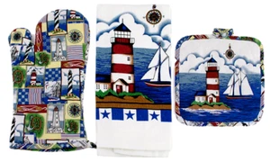 Nautical Summer Kitchen Set - Dish Towel, Pot Holder, and Oven Mitt - Lighthouse - Bild 1 von 1