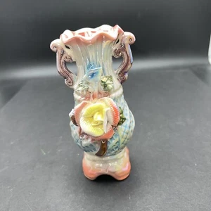 Vintage Lusterware Iridescent Vase With 3 D Applied Flowers 6" - Picture 1 of 6