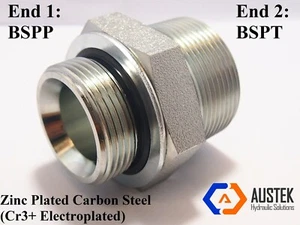 BSPP Male x BSPT (Taper) Male Hydraulic Adaptor - Various Sizes (1/8" - 2") - Picture 1 of 10