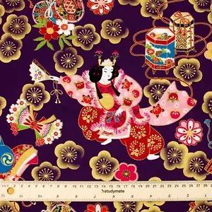 Made In Japan Premium Geisha And Samurai With Sakura Purple Half Meter Fabric - Picture 1 of 4