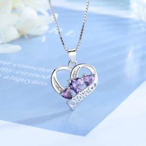 Sterling Silver Heart CZ LOVE Pendant Necklace 18" Chain Gift Box Women Girl E7 - Picture 1 of 10