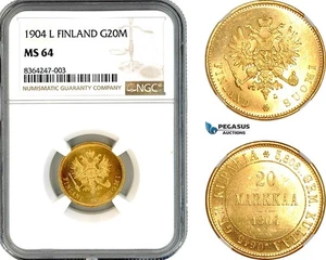 A11-156, Finland, Nicholas II of Russia, 20 Markkaa 1904 L, NGC MS64 - Picture 1 of 1