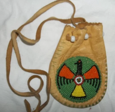 Vintage Native American Southwestern Beaded Winged Bird Leather Drawstring Pouch - Image 1 of 4