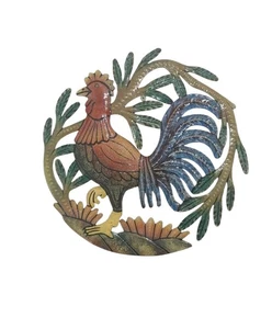 Tambor gallo de acero reciclado pintado a mano arte de pared Haití 11" NUEVO - Imagen 1 de 6