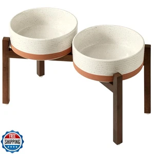 Havniva Set di Ciotole per Cani Doppie Rialzate in Ceramica 8,2 Pollici con Supporto in Legno di Acacia, F - Foto 1 di 5