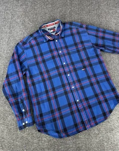 Camisa vaquera vintage Tommy Hilfiger de franela para hombre L azul rojo a cuadros botones años 90 - Imagen 1 de 11