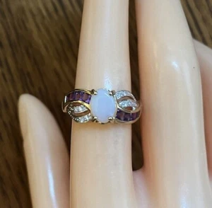 9ct Yellow Gold 1.5ct Opal, Amethyst & Diamond Cluster Ring, UK Size O - Picture 1 of 6