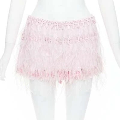 VALENTINO 2023 Bebé Rosa Seda Lentejuelas Avestruz Pluma Mini Falda IT40 S Foto 1 de 4