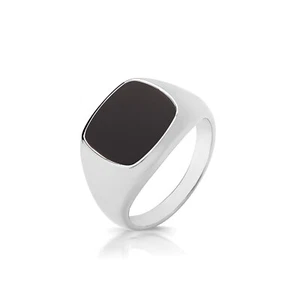 925 Sterling Silver Rhodium Plated Cushion Black Onyx Signet Ring - Picture 1 of 4