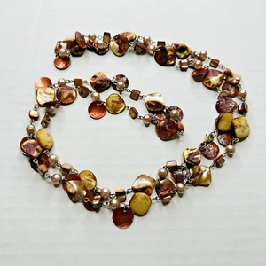 Abalone Shell Necklace Shades of Copper Brown Tan Faux Light Pink Pearls 46” VTG - Picture 1 of 9