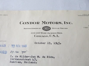 1945 Condor Motors Letter Dealership Truck Company Letterhead Document - Picture 1 of 5