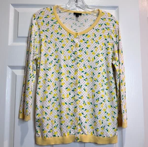 Talbot's Cardigan Sweater 3/4 Sleeve Button up White Yellow Lemons Microdot Sz L - Picture 1 of 12