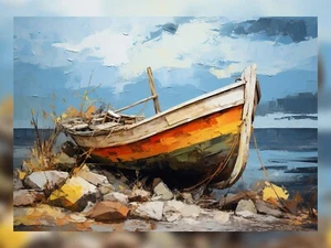 Rowboat on Stone Beach Oil Painting Print Art Decor 5"x7" - Picture 1 of 5