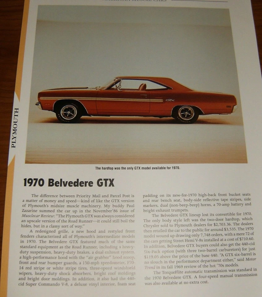 PLYMOUTH BELVEDERE GTX 1970 ESPECIFICACIONES INFORMACIÓN FOTO 70 HEMI  Foto 1 de 1
