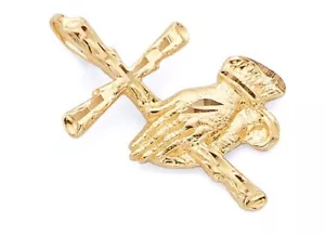 14K Yellow Gold Small Praying Hands Cross Pendant - Picture 1 of 1